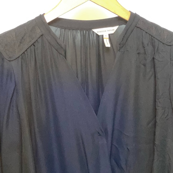 Rebecca Taylor Silk Blouse Long Sleeve Criss Cross Drape V-Neck Black Size 6 - Picture 3 of 10